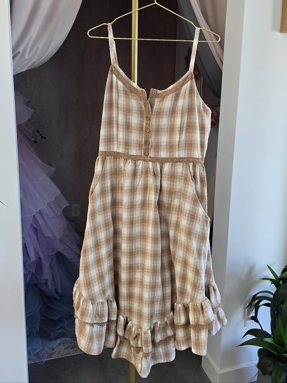 Joyfolie Tan Plaid Ruffle Hem Sundress